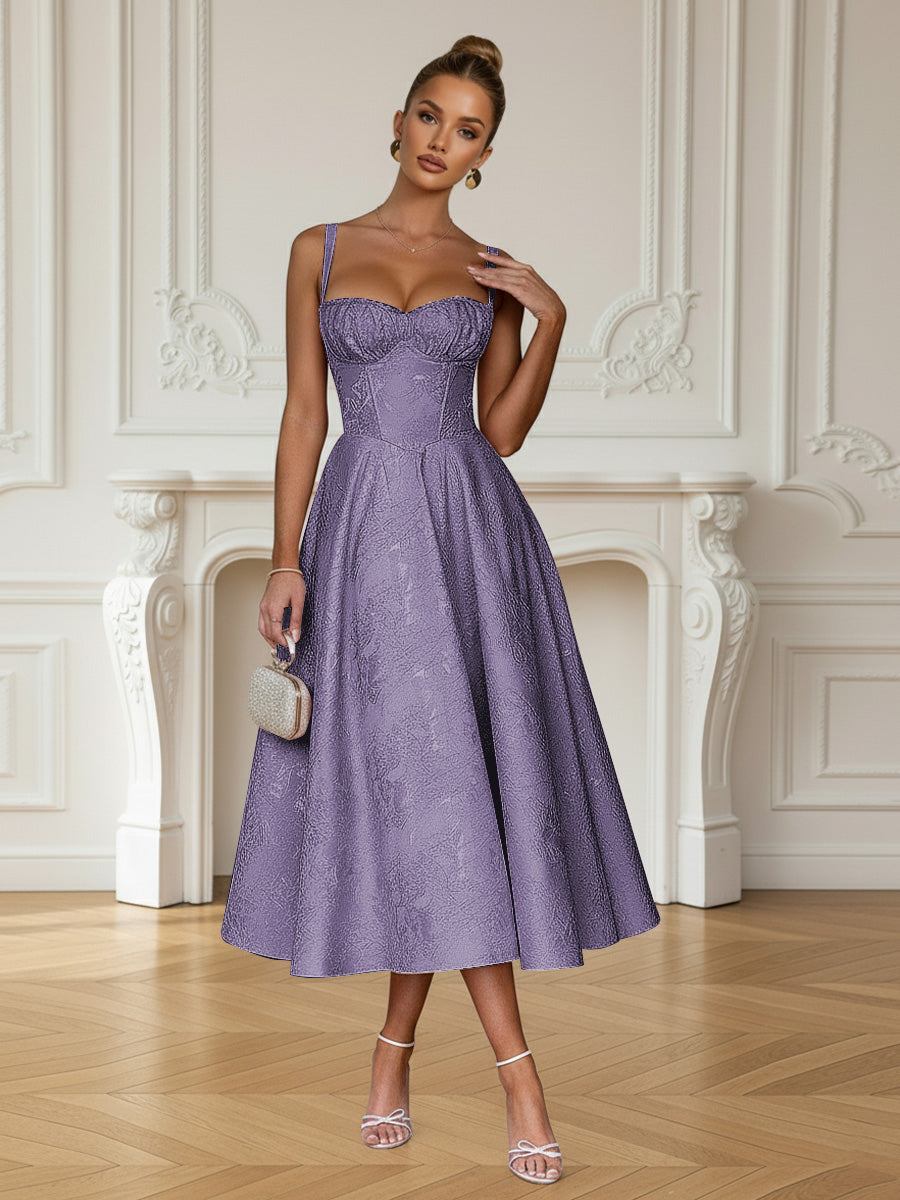 Y2K Spaghetti Strap Midi Prom Dresses with Floral Jacquard