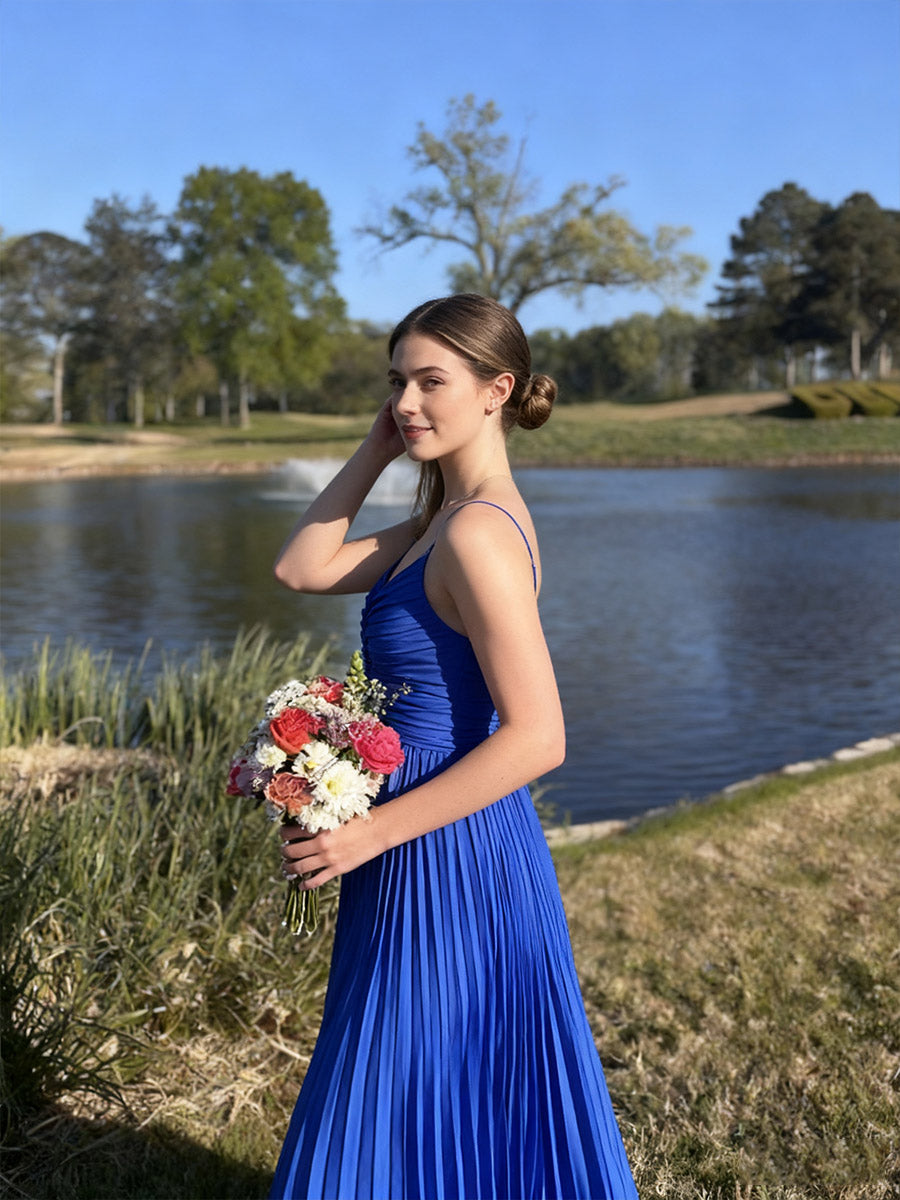 A-Line/Princess Spaghetti Strap Satin Floor-Length Prom Dresses