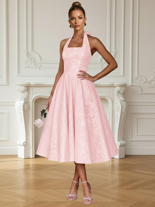 Vintage A Line Halter Midi Prom Dresses with Floral Jacquard