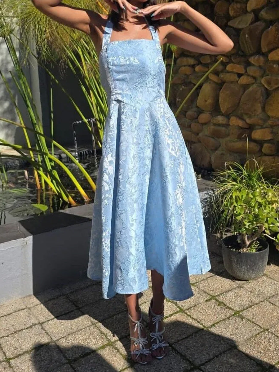 Vintage A Line Halter Midi Prom Dresses with Floral Jacquard