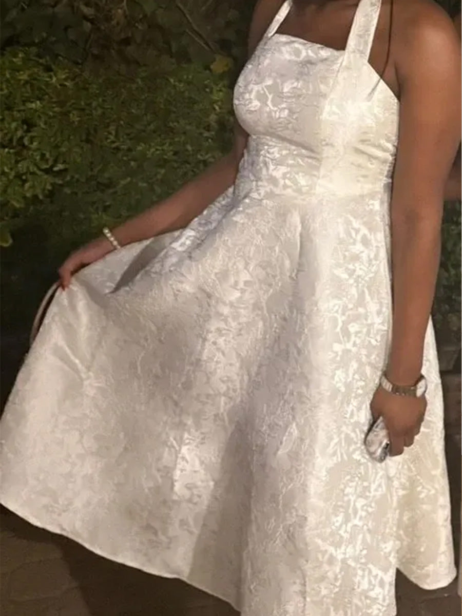 Vintage A Line Halter Midi Prom Dresses with Floral Jacquard