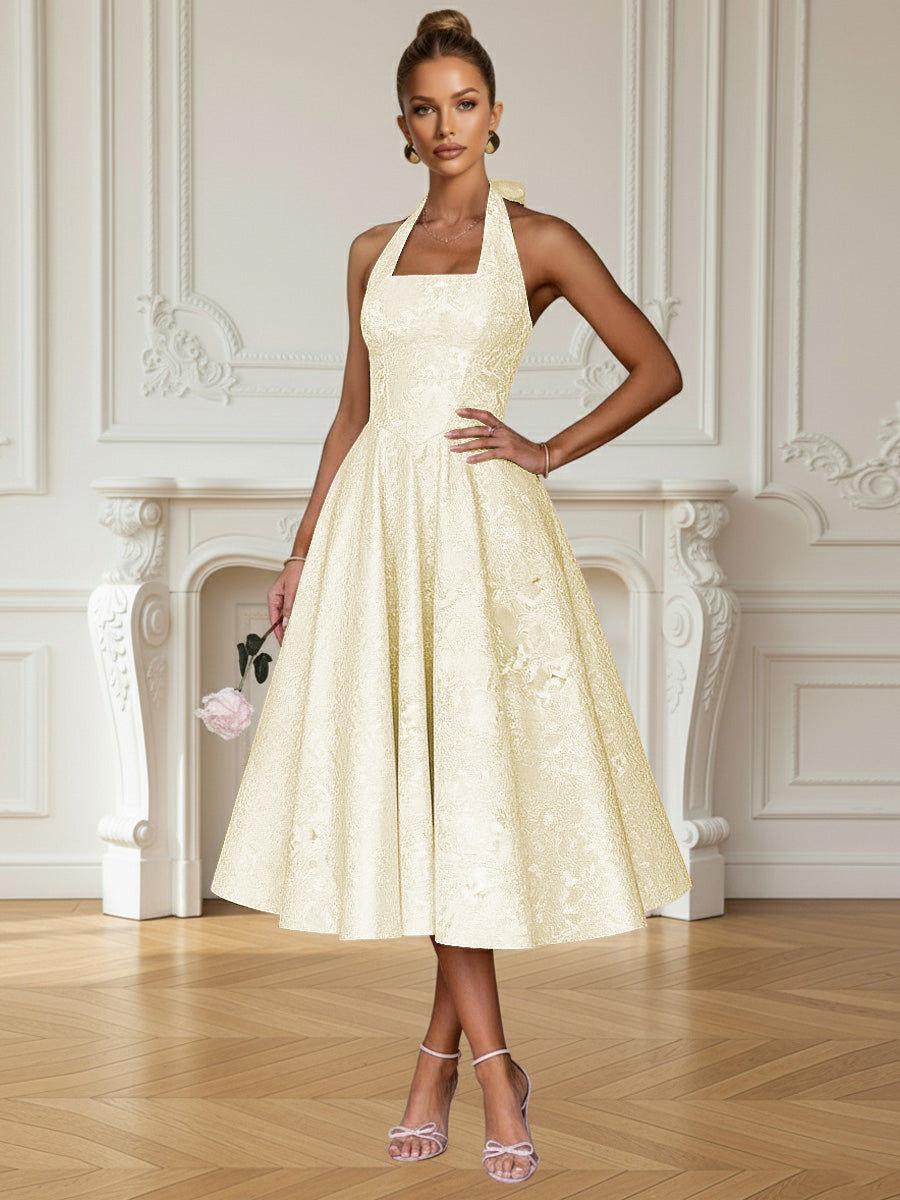Vintage A Line Halter Midi Prom Dresses with Floral Jacquard