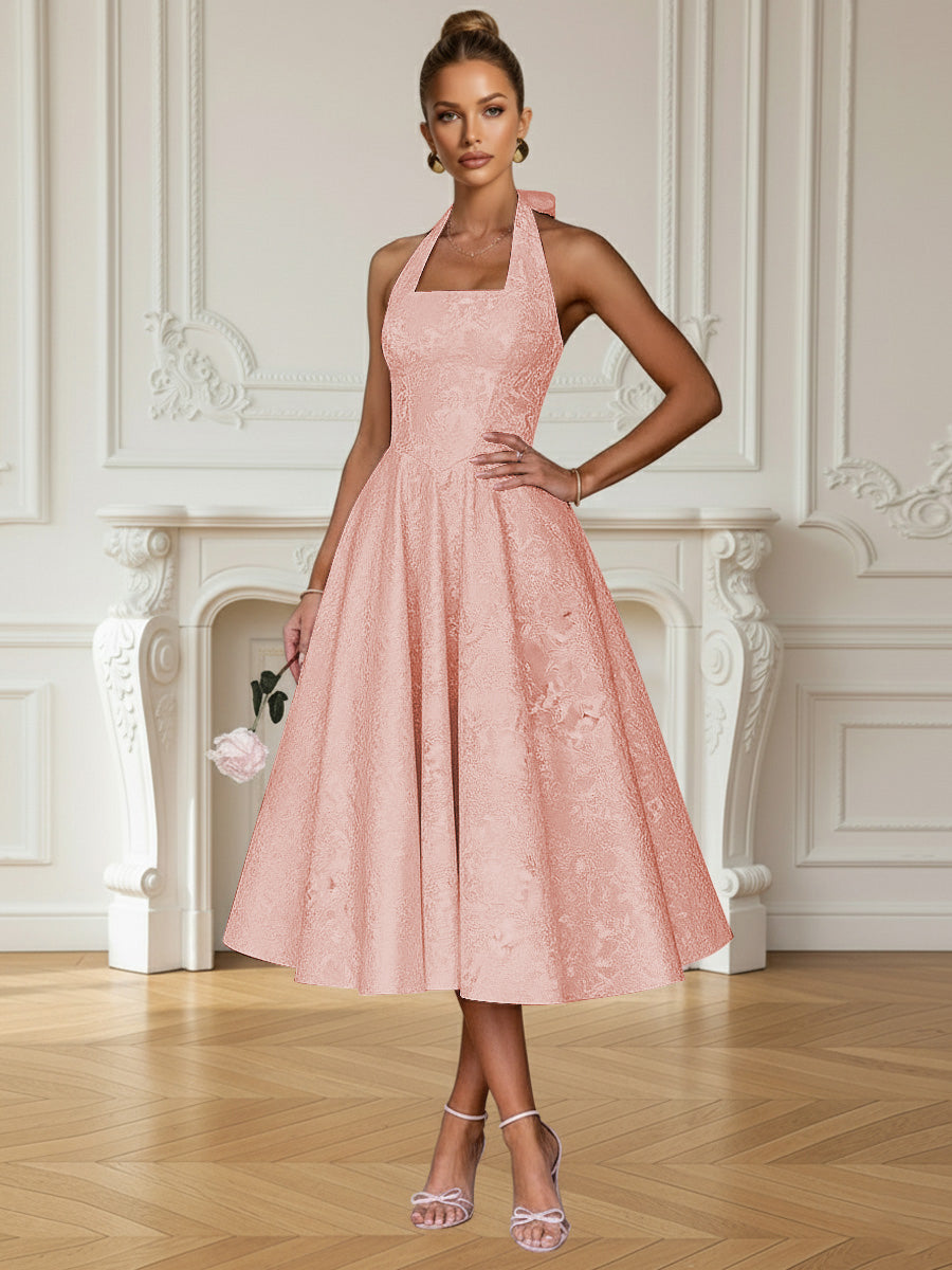 Vintage A Line Halter Midi Prom Dresses with Floral Jacquard