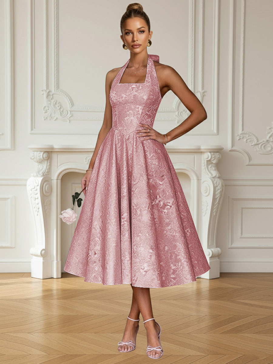 Vintage A Line Halter Midi Prom Dresses with Floral Jacquard