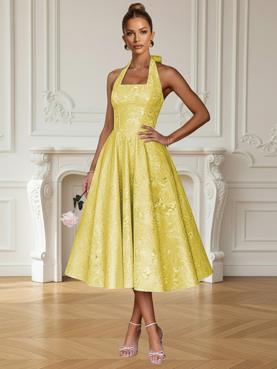 Vintage A Line Halter Midi Prom Dresses with Floral Jacquard