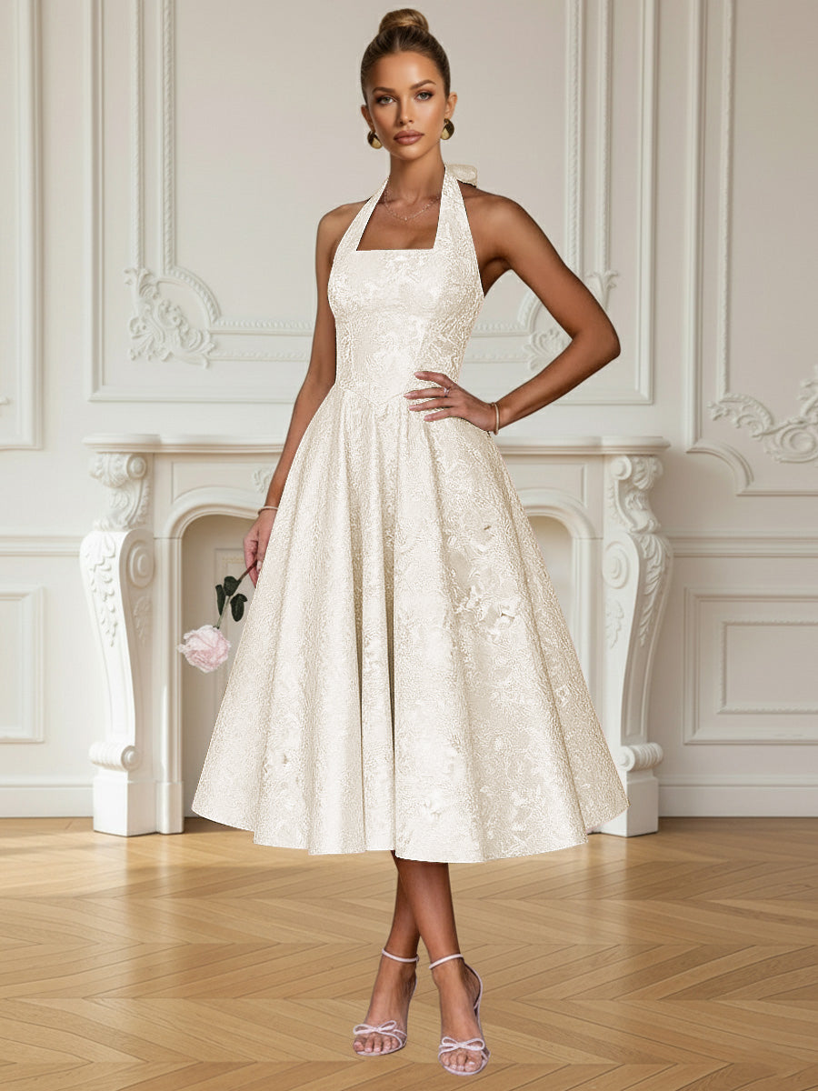 Vintage A Line Halter Midi Prom Dresses with Floral Jacquard
