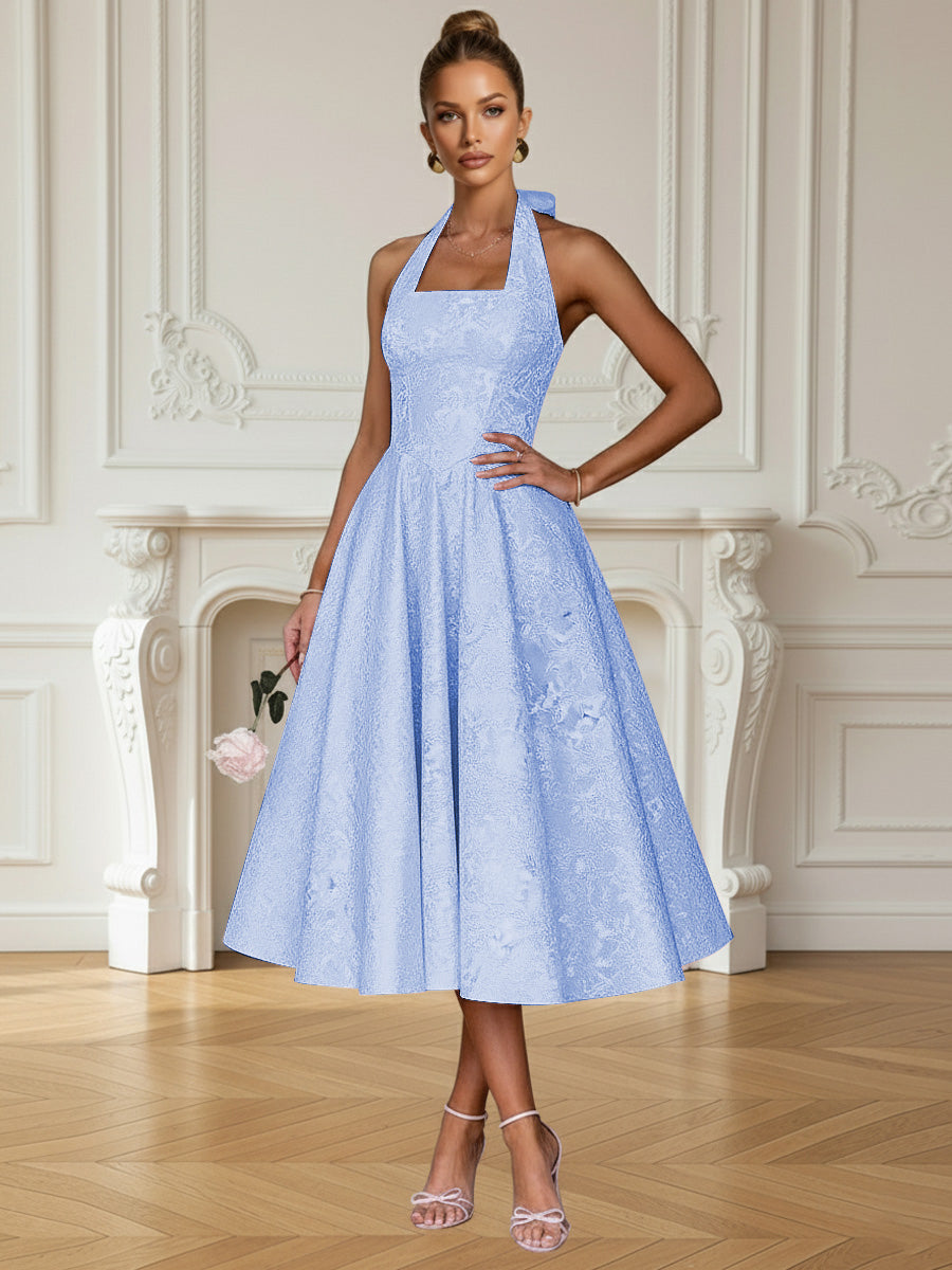 Vintage A Line Halter Midi Prom Dresses with Floral Jacquard