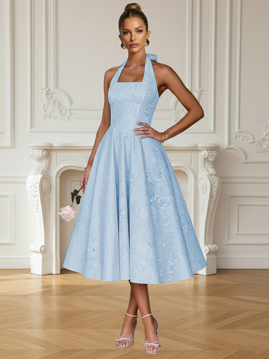 Vintage A Line Halter Midi Prom Dresses with Floral Jacquard