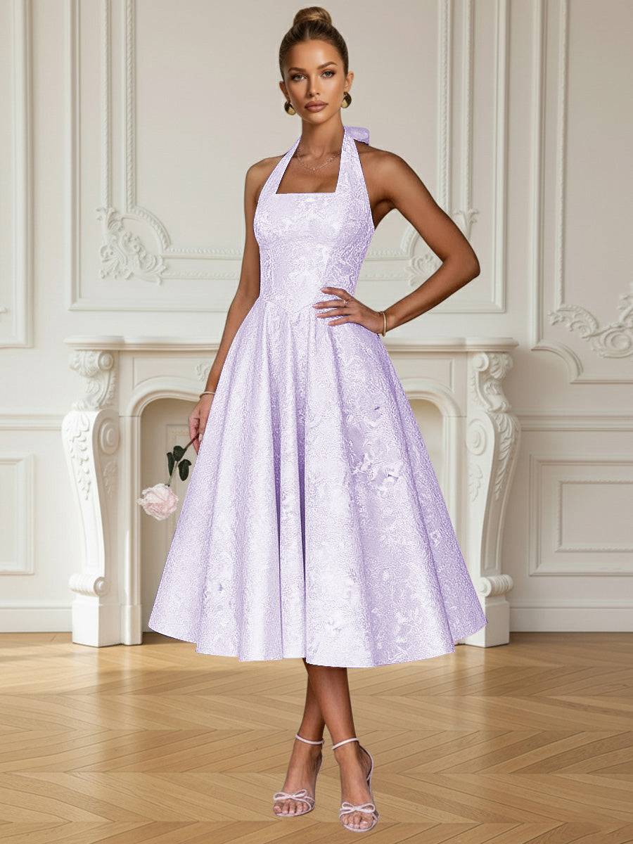 Vintage A Line Halter Midi Prom Dresses with Floral Jacquard