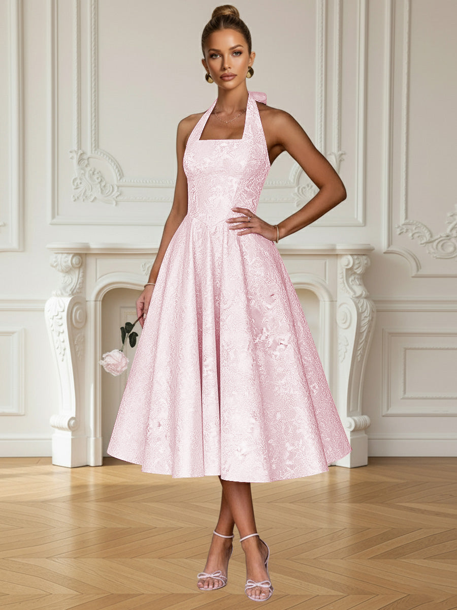 Vintage A Line Halter Midi Prom Dresses with Floral Jacquard