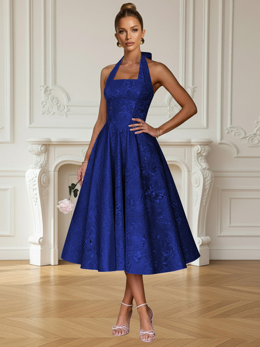 Vintage A Line Halter Midi Prom Dresses with Floral Jacquard