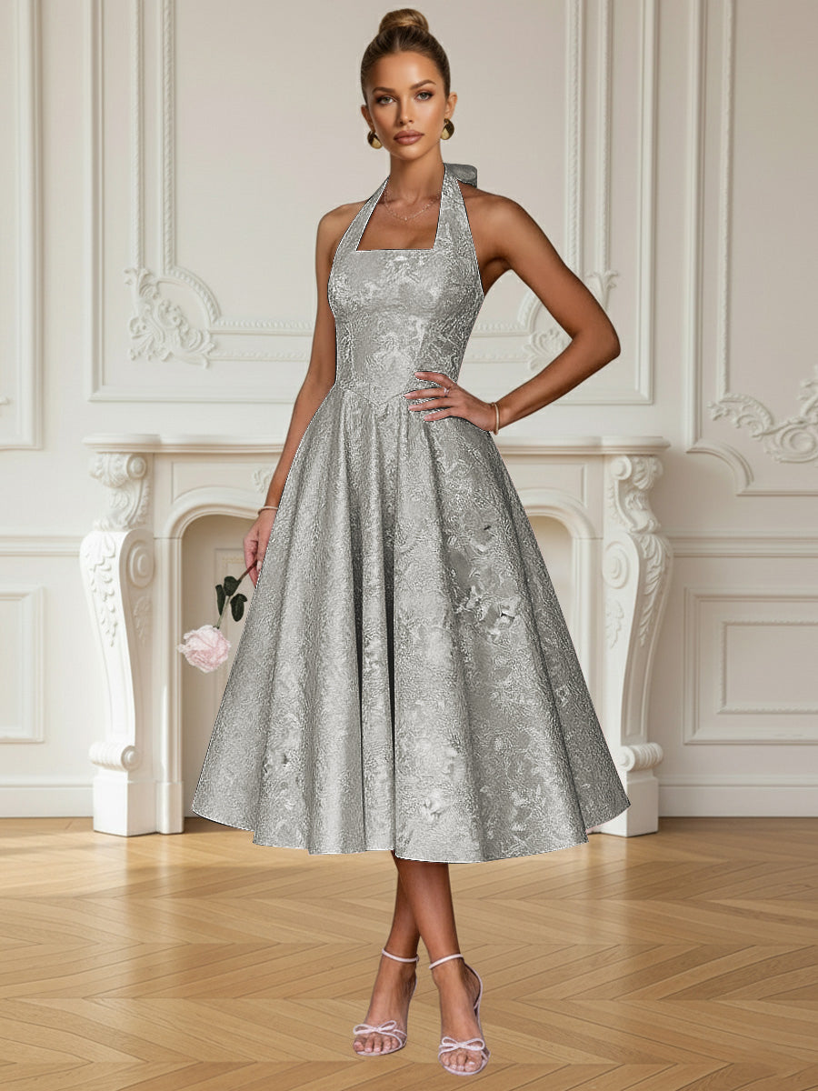 Vintage A Line Halter Midi Prom Dresses with Floral Jacquard