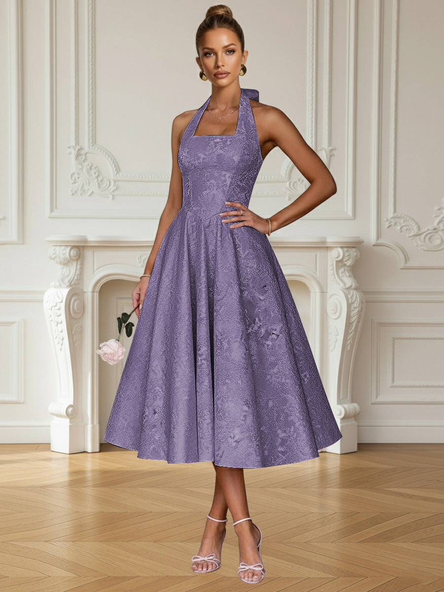 Vintage A Line Halter Midi Prom Dresses with Floral Jacquard