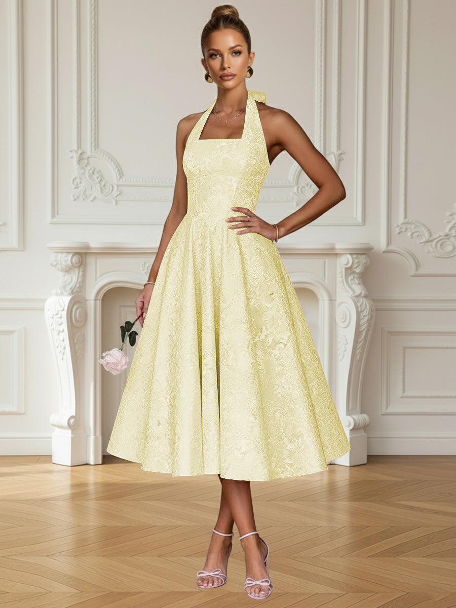Vintage A Line Halter Midi Prom Dresses with Floral Jacquard