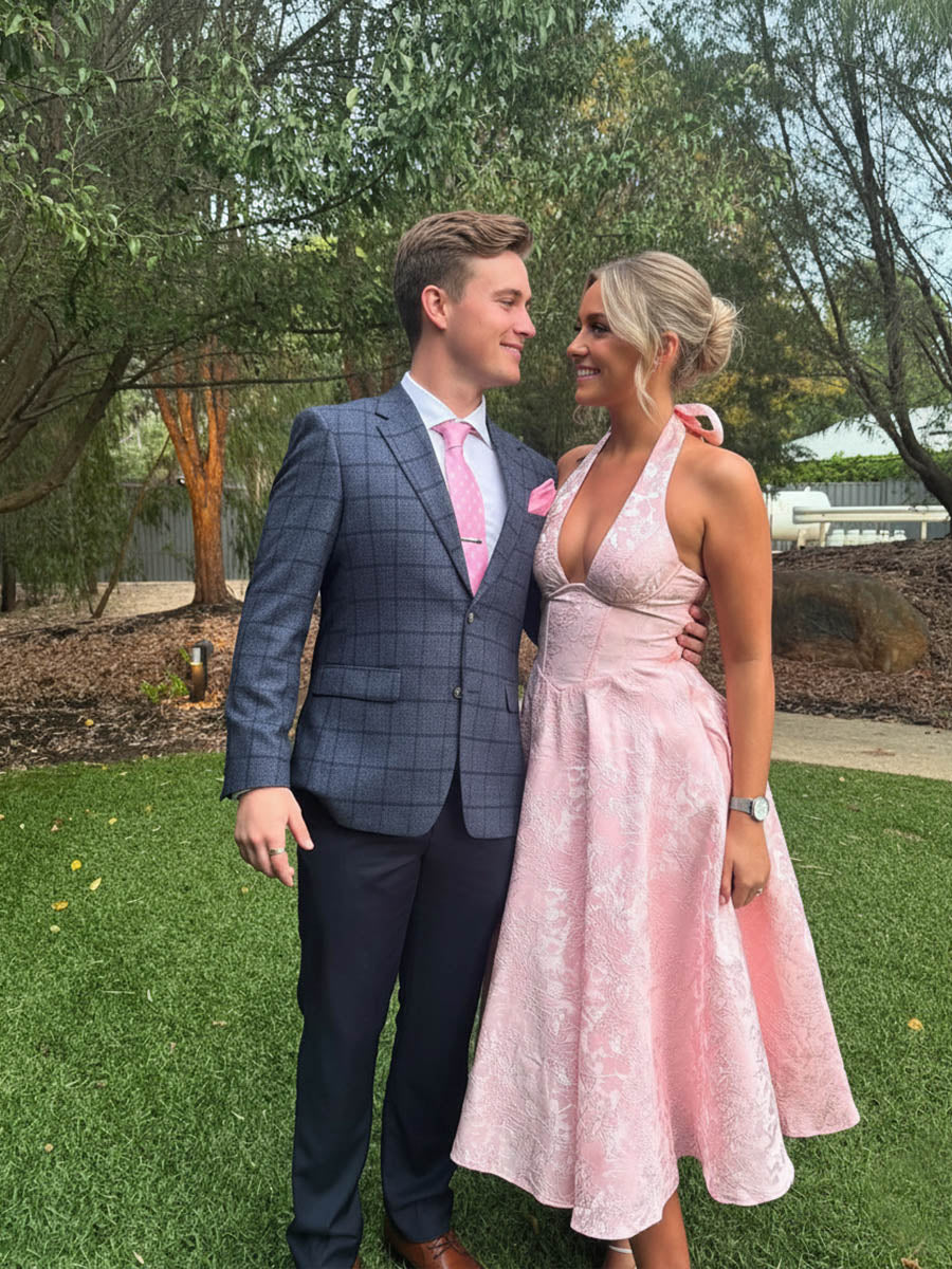 Vintage Jacquard Halter Midi Prom Dresses for Women with A Line Hem