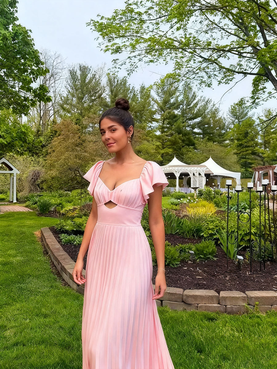 A-Line/Princess Short Sleeves Cutout Floor-Length Prom Dresses