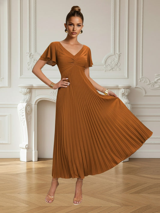 A-Line/Princess Short Sleeve Ankle-Length Prom Dresses with Pleated Satin