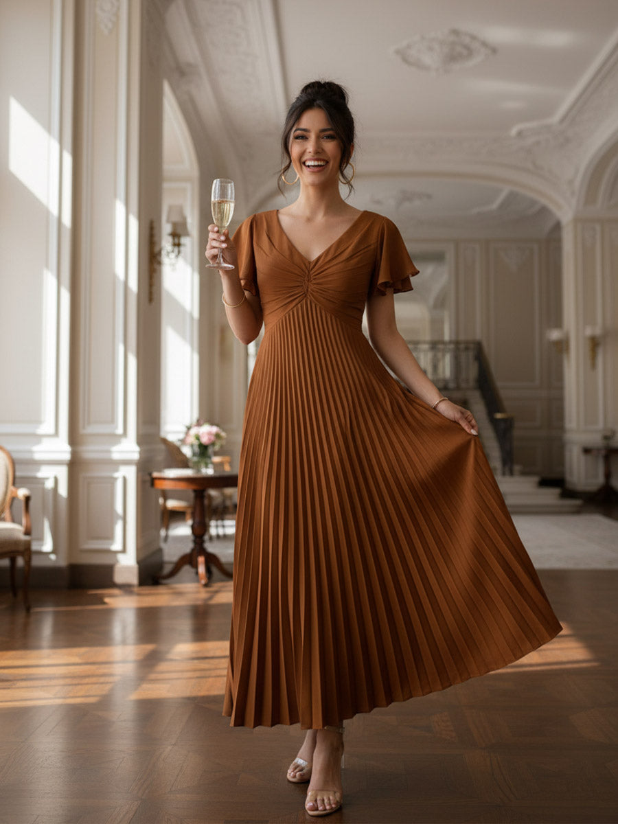 A-Line/Princess Short Sleeve Ankle-Length Prom Dresses with Pleated Satin