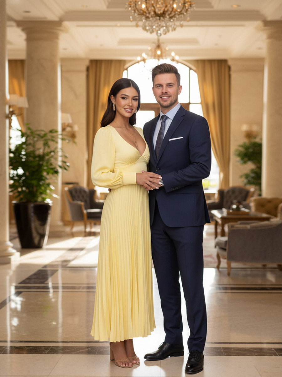 A-Line/Princess Long Sleeves Ankle-Length Prom Dresses with Pleated Satin