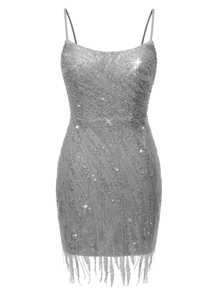 Sheath/Column Sleeveless Spaghetti Straps Short Cocktail Dresses with Sequins & Tassel