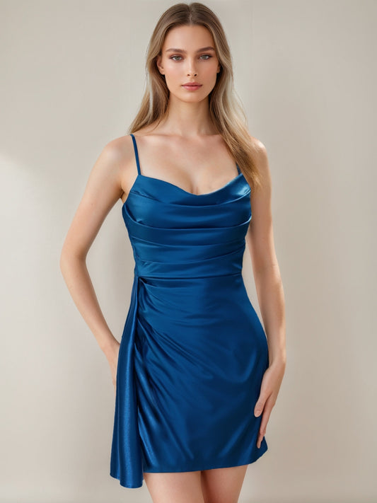 Sheath/Column Spaghetti Straps Short Ruched Cocktail Dresses with Watteau Train