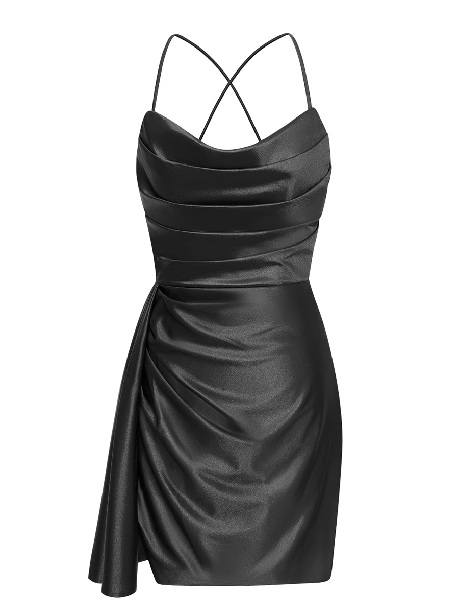 Sheath/Column Spaghetti Straps Short Ruched Cocktail Dresses with Watteau Train