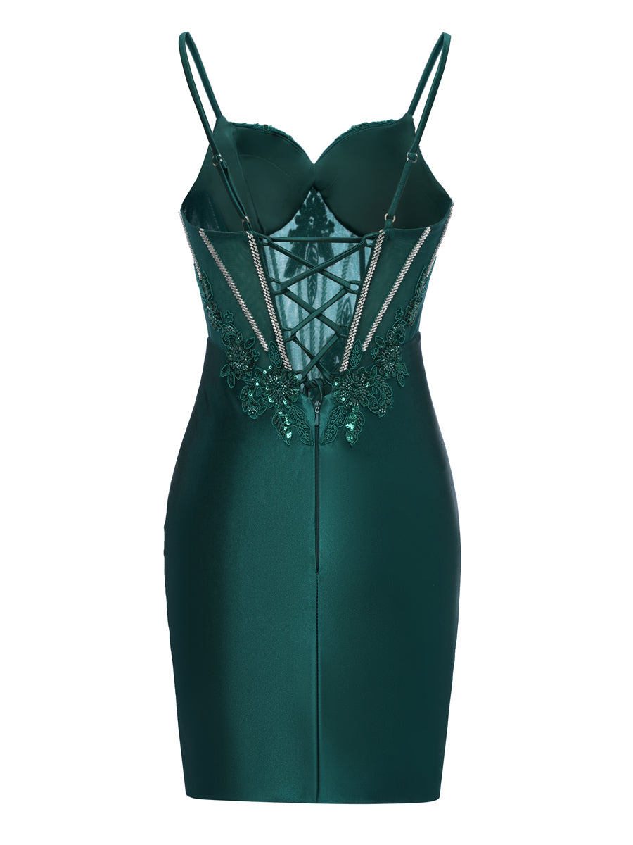 Sheath Spaghetti Straps Sleeveless Short Cocktail Dresses with Appliques & Beadings