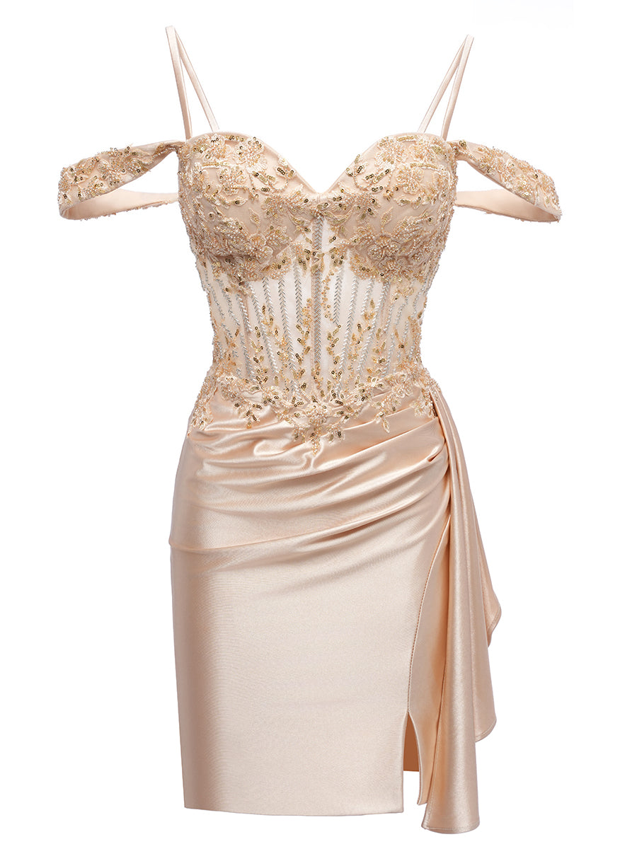 Sheath/Column Cold Shoulder Short/Mini Cocktail Dresses with Beadings & Split Side