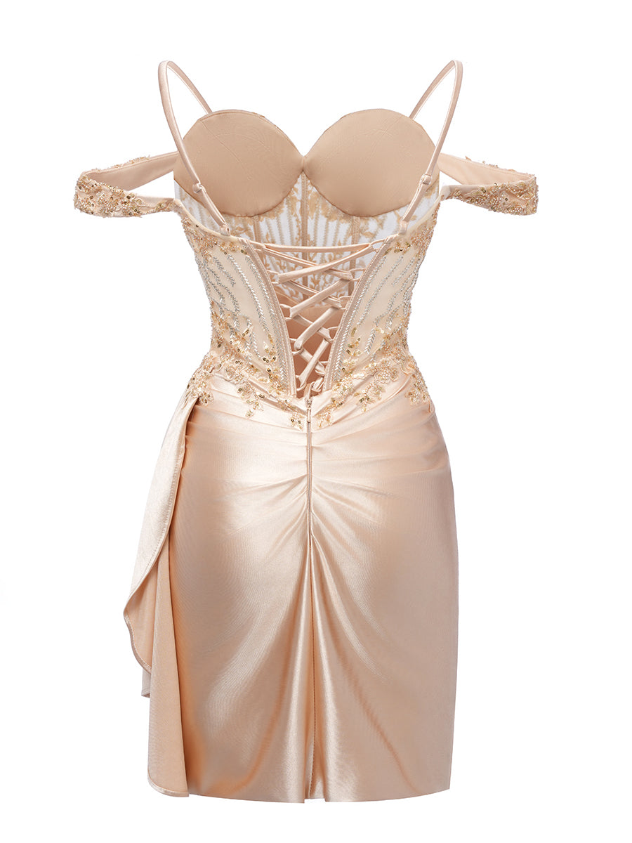 Sheath/Column Cold Shoulder Short/Mini Cocktail Dresses with Beadings & Split Side