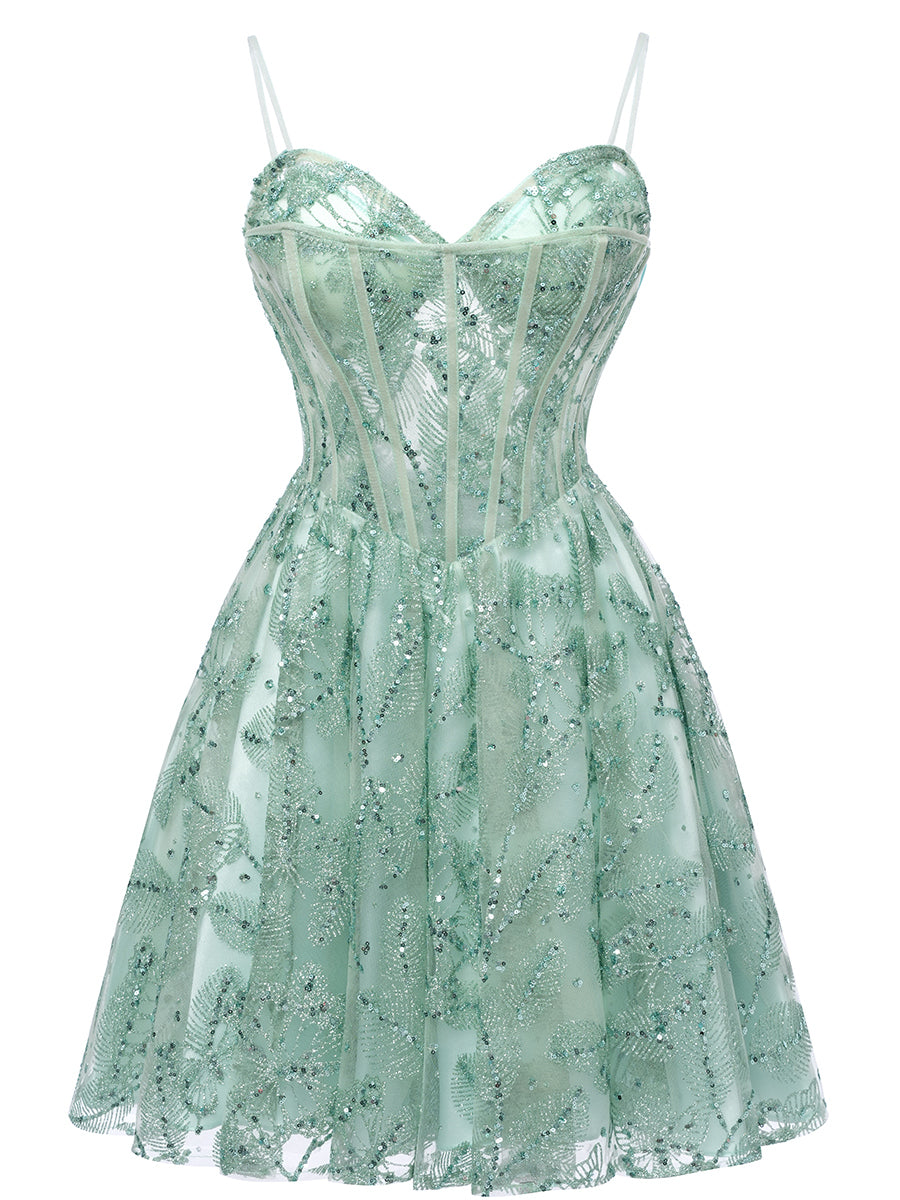 A-Line/Princess Straps Sleeveless Mini Sequined Cocktail Dresses with Lace Appliques