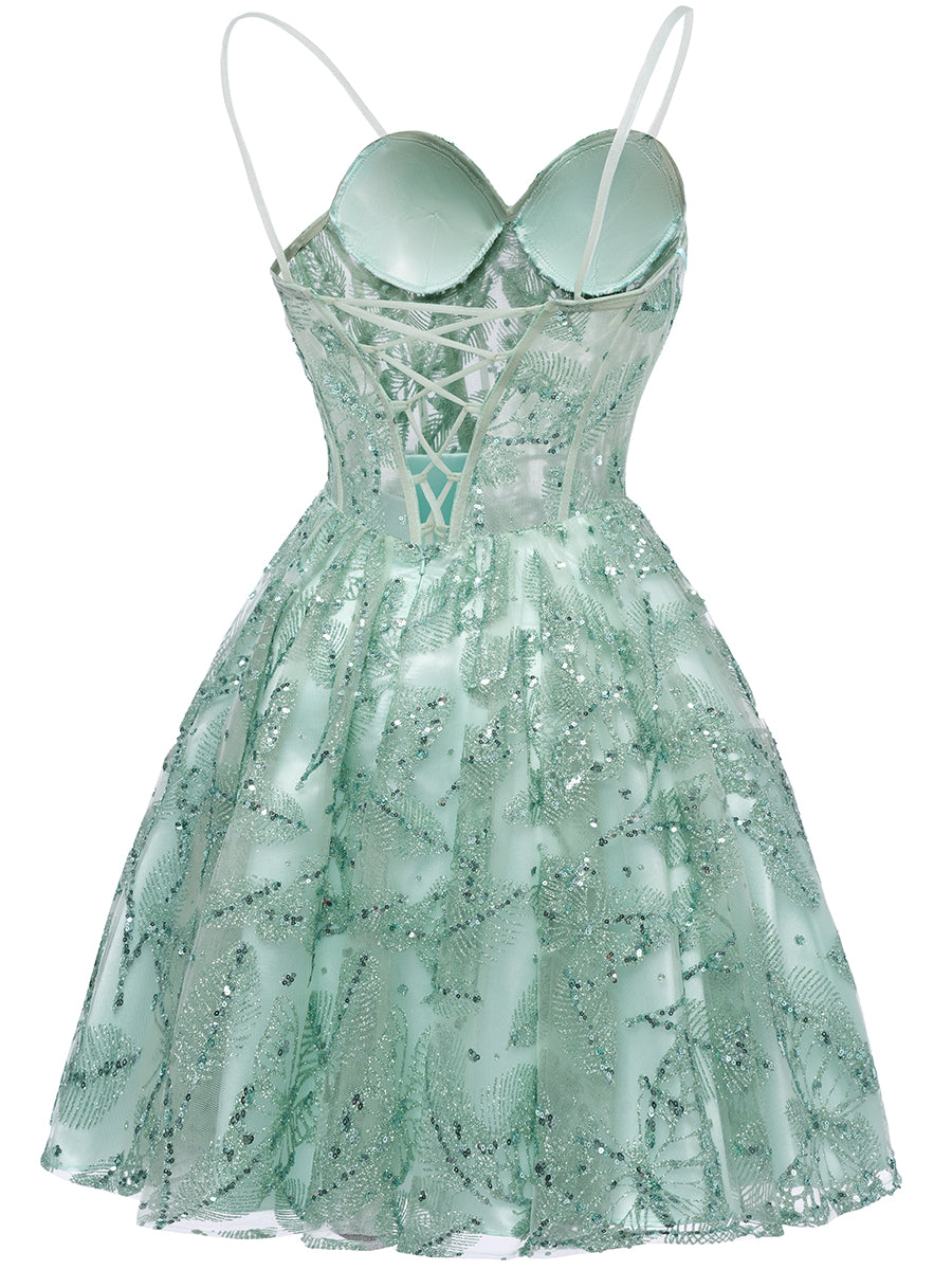 A-Line/Princess Straps Sleeveless Mini Sequined Cocktail Dresses with Lace Appliques