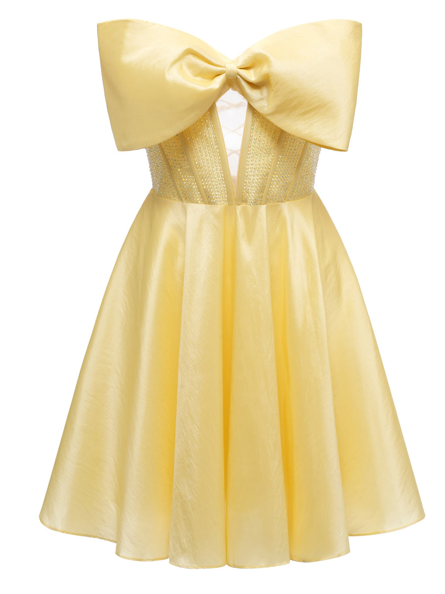A-Line/Princess Strapless Short/Mini Minimalist Cocktail Dresses with Bow & Crystals