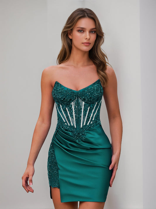 Sheath/Column Strapless Sleeveless Short Cocktail Dresses with Beading & Appliques