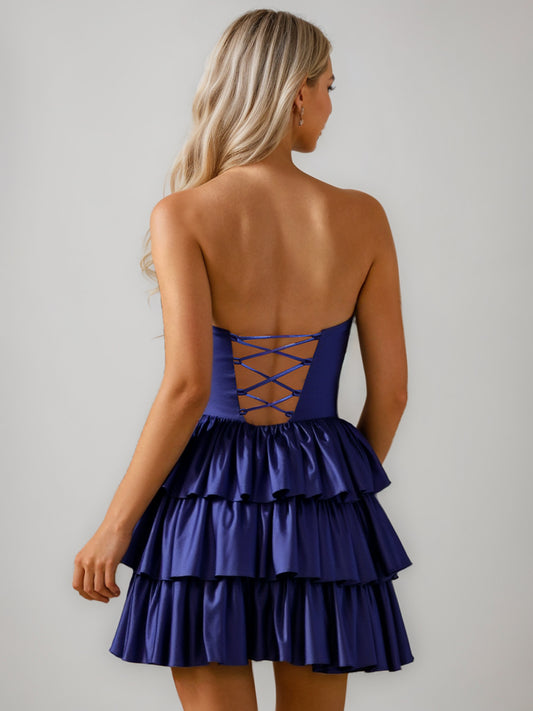 Ball Gown Strapless Ruched Short/Mini Cocktail Dresses with Cut-out & Tiered Ruffles