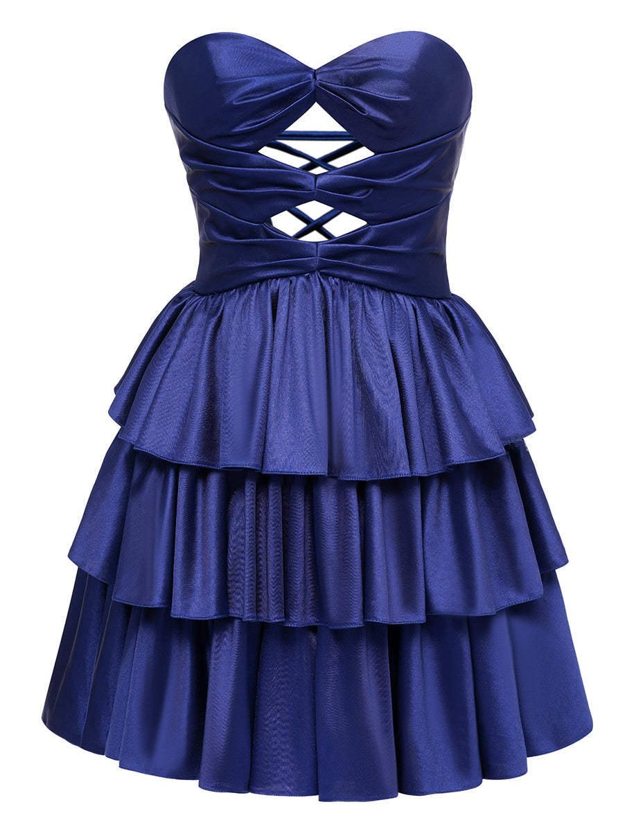 Ball Gown Strapless Ruched Short/Mini Cocktail Dresses with Cut-out & Tiered Ruffles