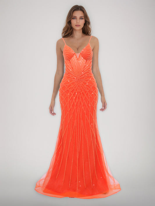 Trumpet/Mermaid Spaghetti Straps Sleeveless Long Prom Party Dresses with Pearls