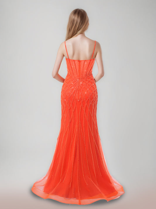 Trumpet/Mermaid Spaghetti Straps Sleeveless Long Prom Party Dresses with Pearls