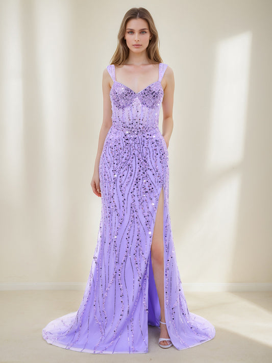 Trumpet/Mermaid Straps Sleeveless Sweep Sequined Prom Dresses with Split Side