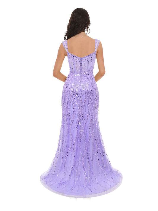 Trumpet/Mermaid Straps Sleeveless Sweep Sequined Prom Dresses with Split Side