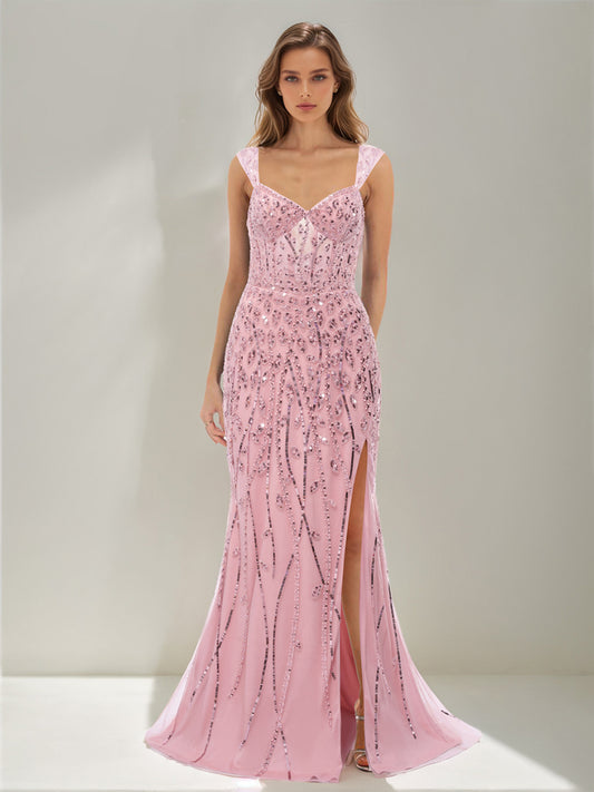 Trumpet/Mermaid Straps Long Sequined Prom Dresses with Split Side & Rhinestones