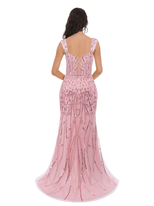 Trumpet/Mermaid Straps Long Sequined Prom Dresses with Split Side & Rhinestones