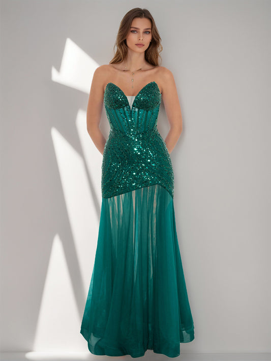 Trumpet/Mermaid Strapless Sleeveless Sequined Prom Dresses with Ruffles