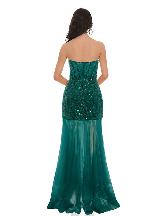 Trumpet/Mermaid Strapless Sleeveless Sequined Prom Dresses with Ruffles