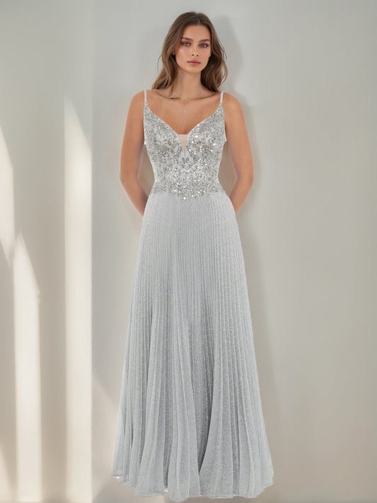 A-Line/Princess Spaghetti Straps Sequined Floor-Length Prom Dresses with Pleats