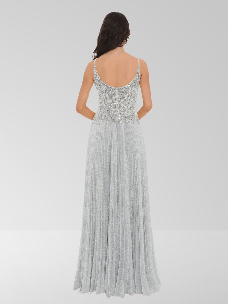 A-Line/Princess Spaghetti Straps Sequined Floor-Length Prom Dresses with Pleats