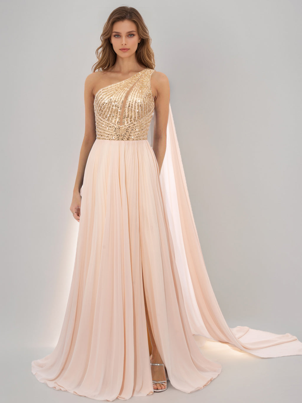 A-Line/Princess One-Shoulder Floor-Length Prom Dresses with Sequins & Split Side
