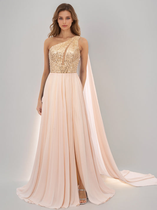 A-Line/Princess One-Shoulder Floor-Length Prom Dresses with Sequins & Split Side