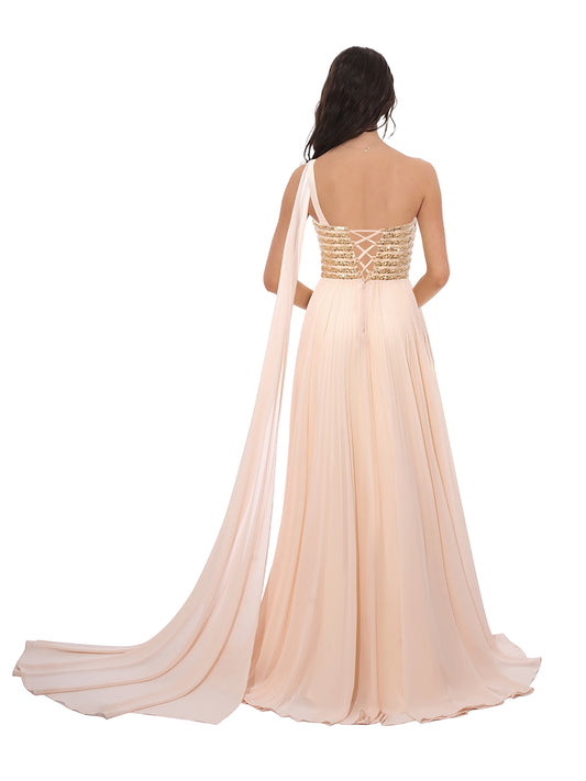 A-Line/Princess One-Shoulder Floor-Length Prom Dresses with Sequins & Split Side