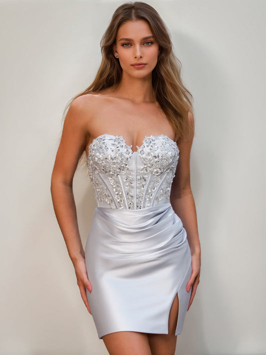 Sheath/Column Strapless Sleeveless Mini Cocktail Dresses with Rhinestones & Split Side