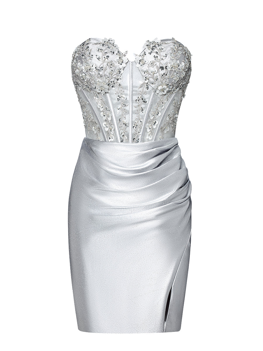 Sheath/Column Strapless Sleeveless Mini Cocktail Dresses with Rhinestones & Split Side